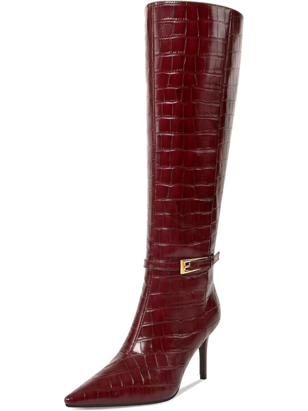 Women's Burgundy Crocodile Stiletto High Heel Side Zip Pointed Toe Metal Buckle